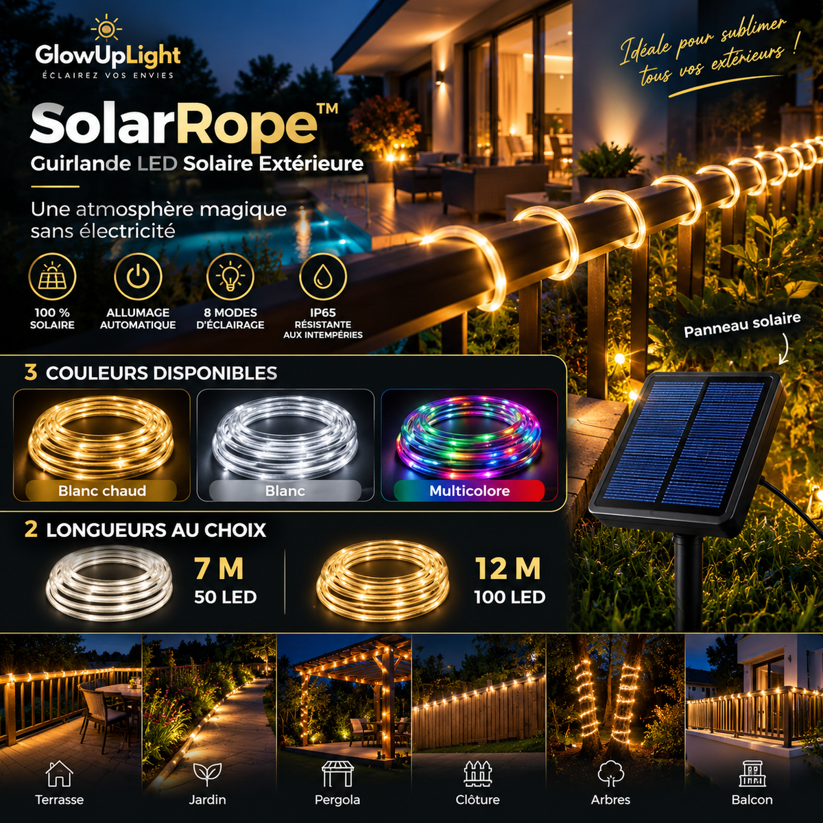 GlowUp SolarRope™ – Guirlande LED Solaire Extérieure