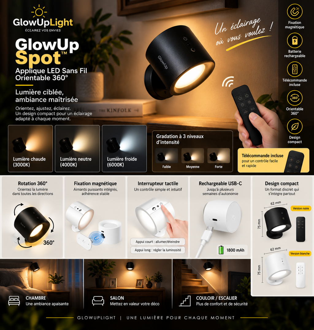 GlowUp Spot™ – Applique LED Sans Fil Orientable 360°
