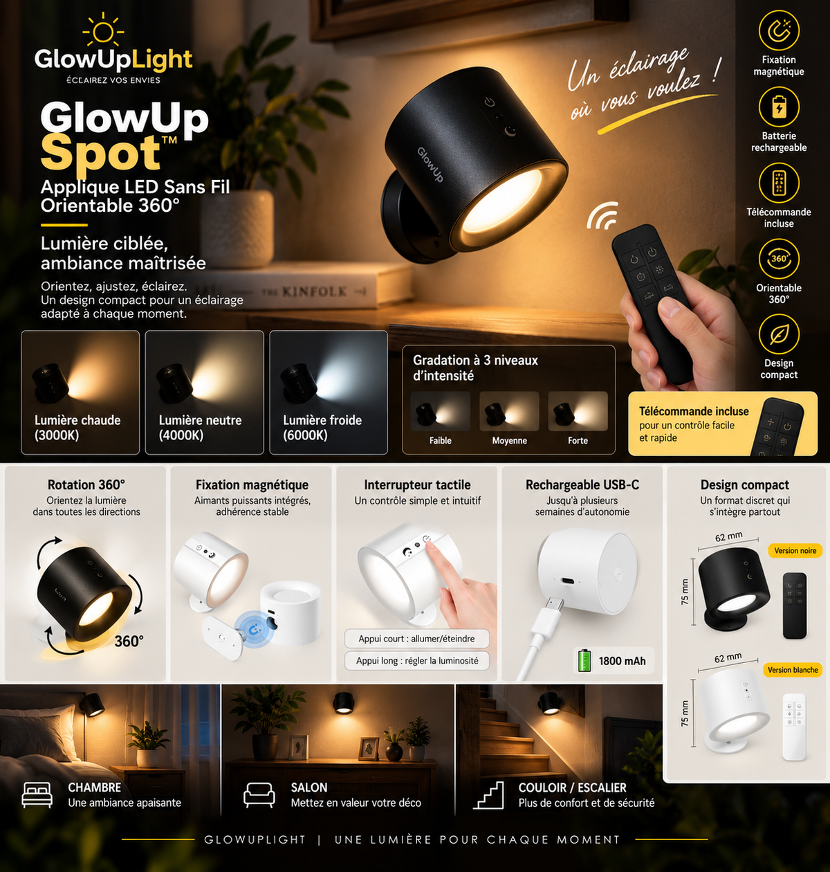 GlowUp Spot™ – Applique LED Sans Fil Orientable 360°