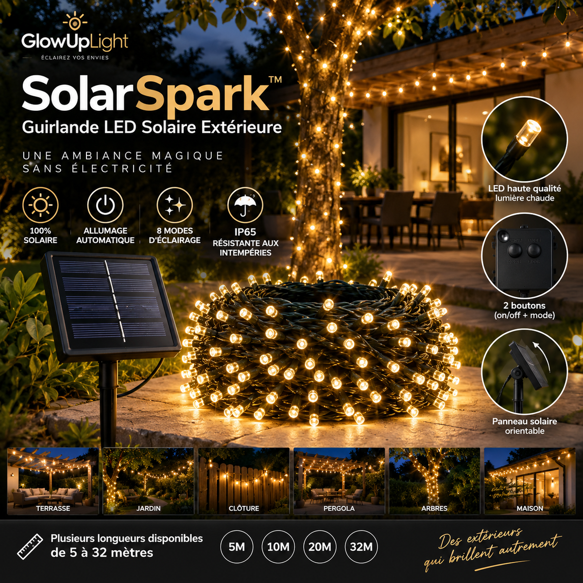 GlowUp SolarSpark™ – Guirlande LED Solaire Extérieure