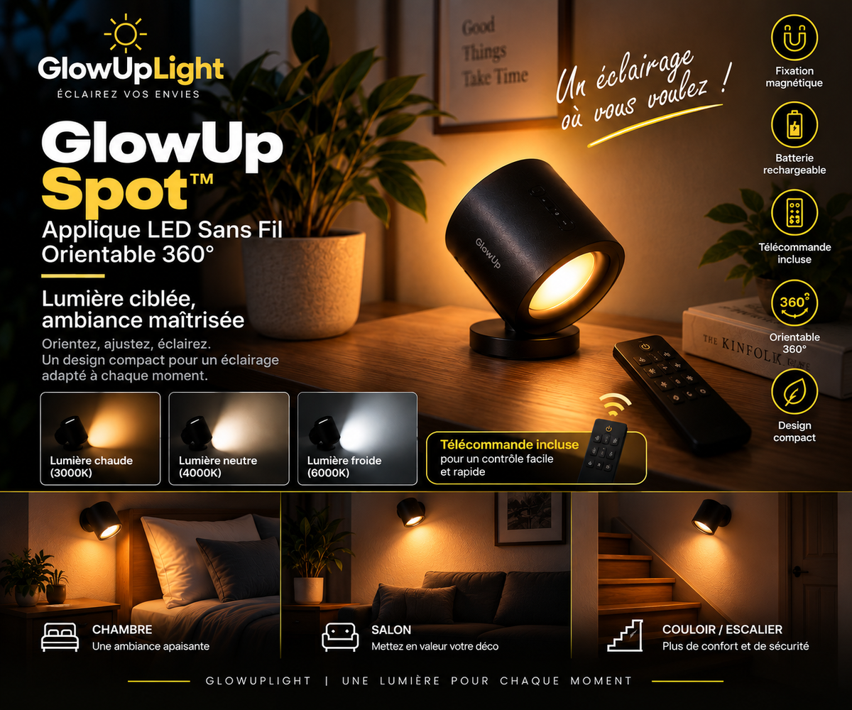 GlowUp Spot™ – Applique LED Sans Fil Orientable 360°