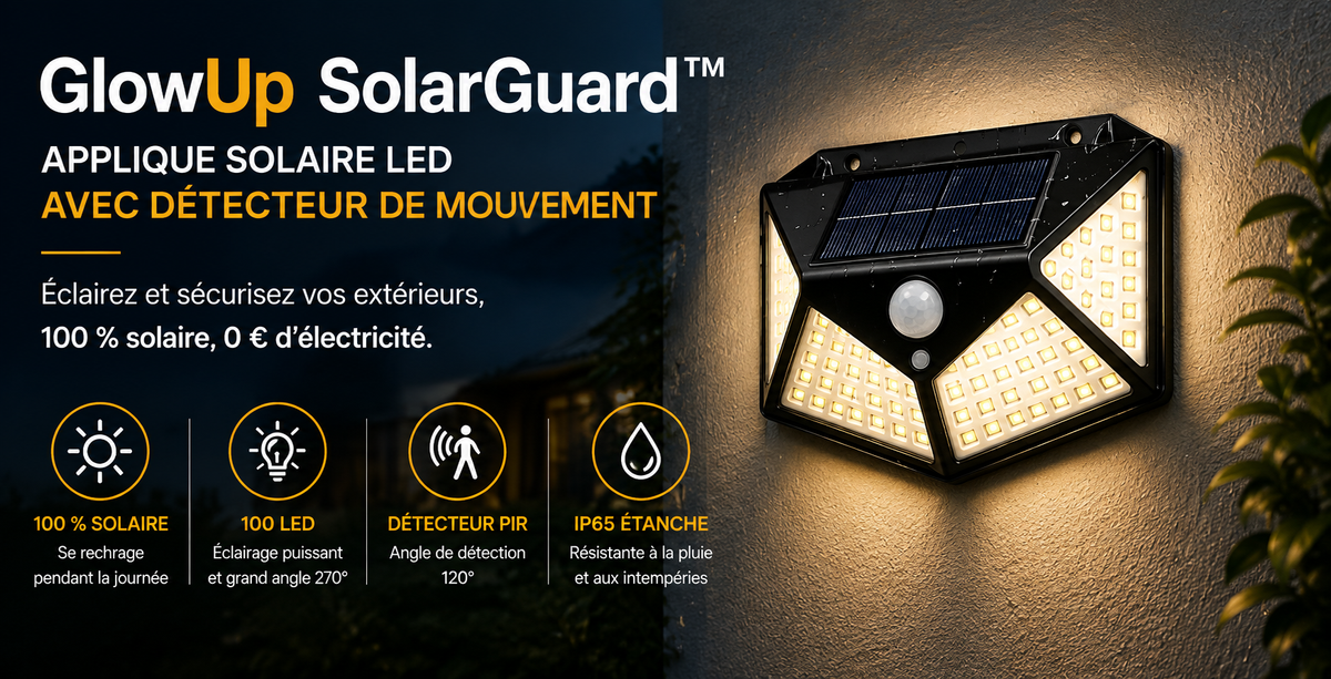 GlowUp SolarGuard™ – Applique Solaire LED avec Détecteur de Mouvement
