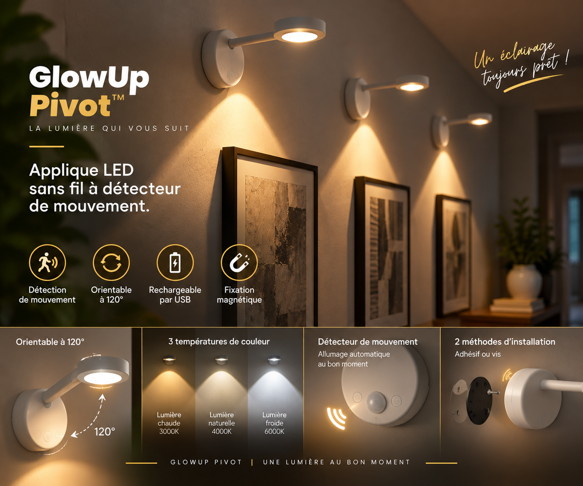 GlowUp Pivot™ – Lampe LED Sans Fil à Détecteur de Mouvement.