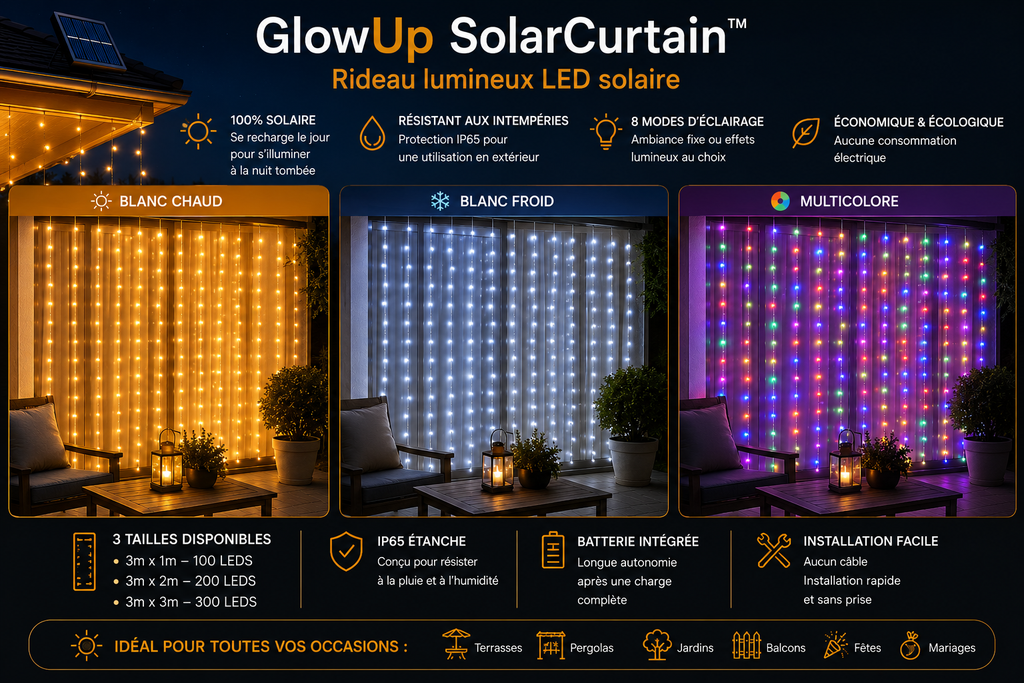 GlowUp SolarCurtain™ – Rideau Lumineux LED Solaire Extérieur