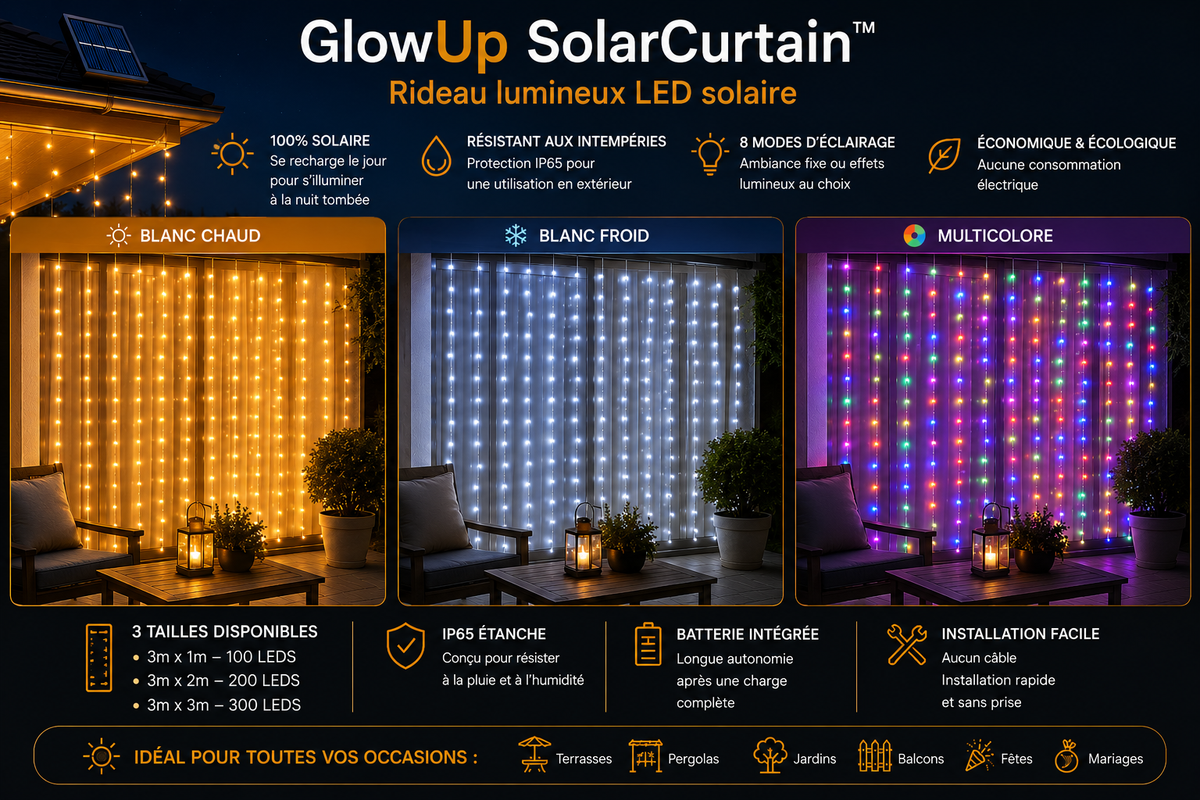 GlowUp SolarCurtain™ – Rideau Lumineux LED Solaire Extérieur