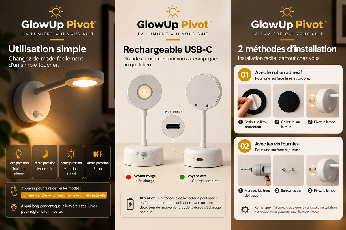 GlowUp Pivot™ – Lampe LED Sans Fil à Détecteur de Mouvement.