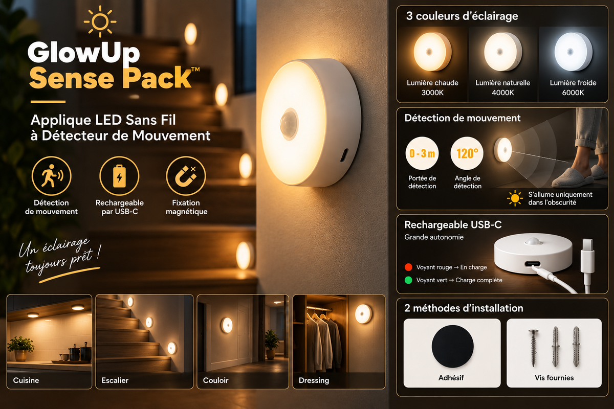 GlowUp Sense Pack™ – Veilleuse LED Sans Fil à Détecteur de Mouvement