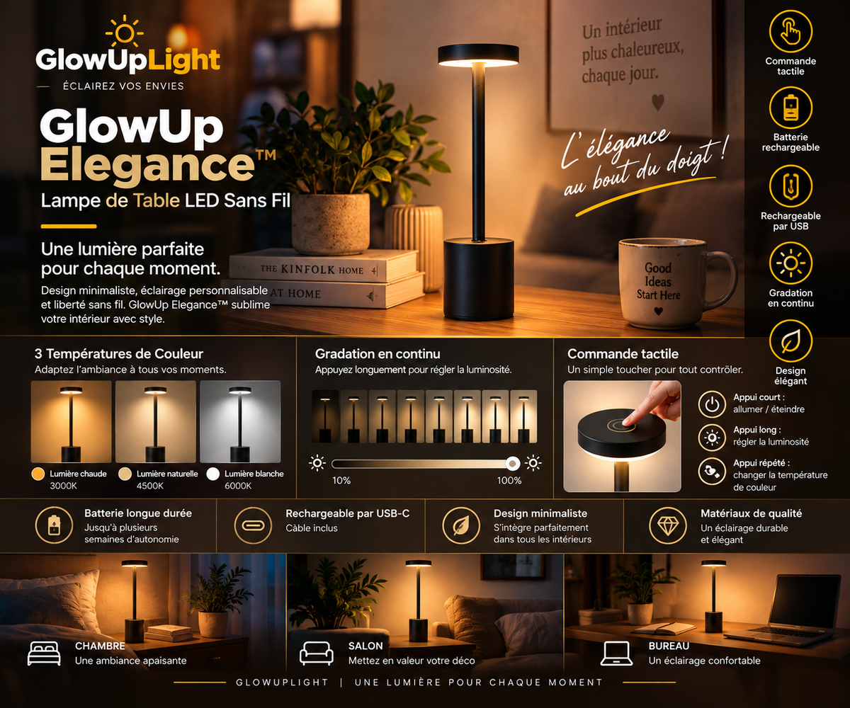 GlowUp Elegance™ – Lampe de Table LED Sans Fil