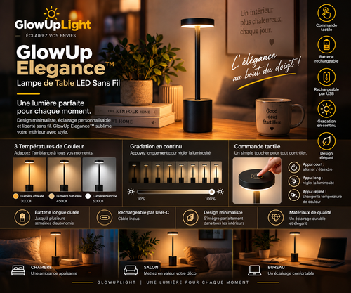 GlowUp Elegance™ – Lampe de Table LED Sans Fil