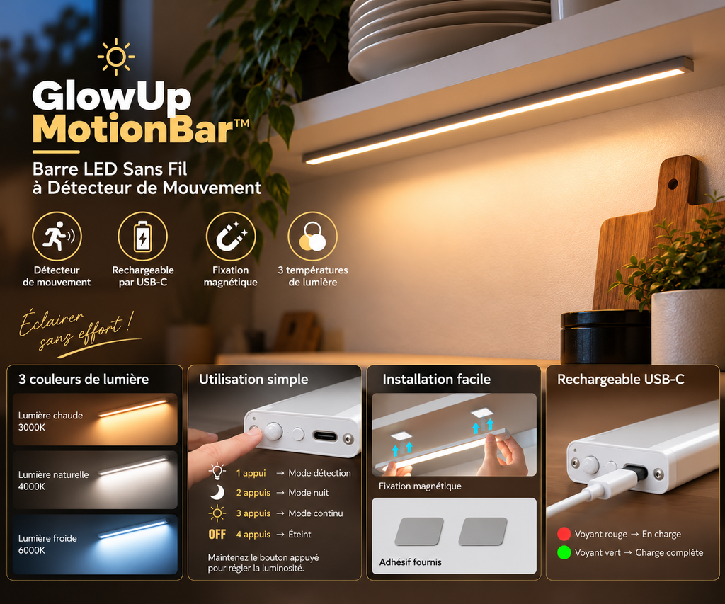 GlowUp MotionBar™ – Barre LED Sans Fil à Détecteur de Mouvement